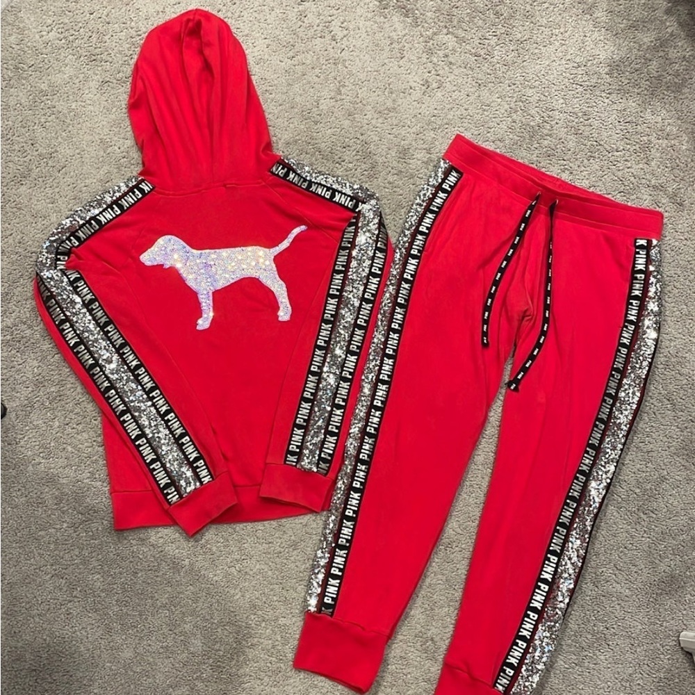 Victorias Secret PINK Red Mermaid Bling Zip Up Hoodie (L) and Jogger (M) Set